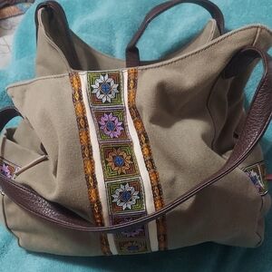 Embroidered Tan Canvas Expanding Tote Bag